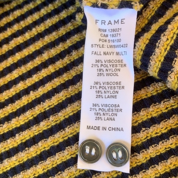 FRAME Off Shoulder Textured Wool Blend Sweater in Blue/Mustard Yellow - Picture 12 of 12